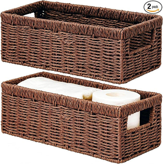 Vagusicc Wicker Storage Basket, Paper Rope Wicker Baskets with Handles, Toilet Paper Basket for Toilet Tank Top, Small Wicke Baskets for Organizing Shelves, 2-Pack, Brown