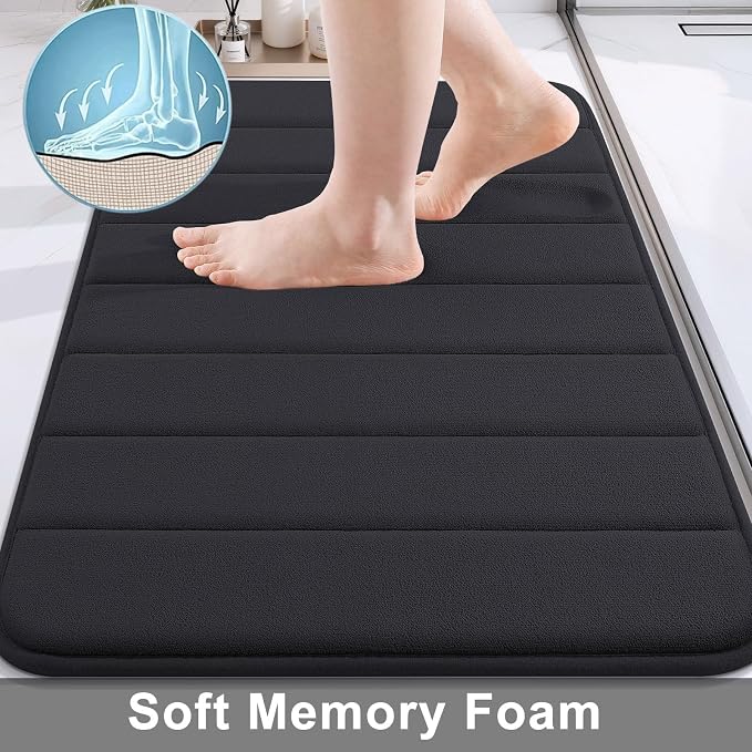 Buganda Memory Foam Bath Mat 47 x 17, Ultra Soft Absorbent Bathroom Rugs | Black, Machine Washable Quick Dry Bath Mats for Bathroom Floor, Shower and Tub, Home Decor Accessories