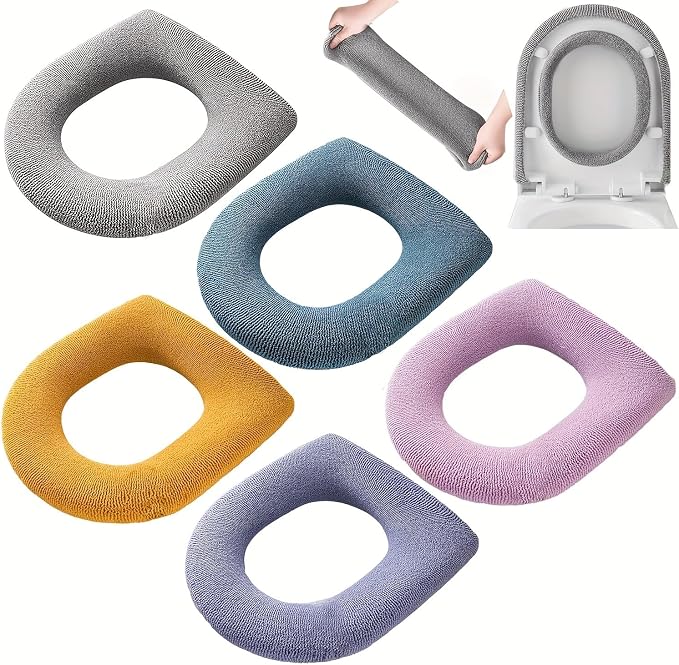 10 Pcs Bathroom Soft Thicker Warmer Stretchable Washable Cloth Toilet Seat Cover Pads (5 colors, 2 of each)
