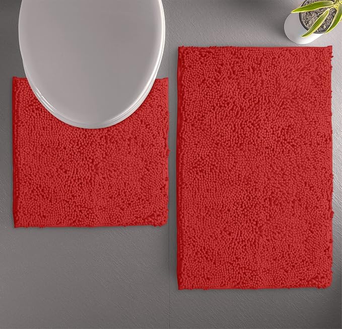 LuxUrux Red Christmas Bathroom Rugs Sets 2 Piece: Quick Dry, Soft Plush Anti-Slip, Super Absorbent. Includes Rectangular (31x20 inches) & U-Shaped Toilet Mat (20x20 inches) | Red