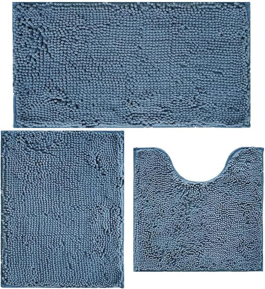 Bathroom Rugs Chenille Bath mat 3 Piece Set, Super Absorbent, Strong PVC Non Slip Backing, Bath mats for Bathroom, Plush Shaggy, Thick, Machine Washable, Bathtub, Toilet, Medium Blue