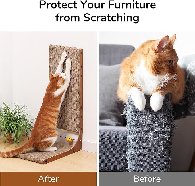 FUKUMARU Cat Scratcher for Indoor Cats, 26.8 Inch Cat Scratch Pad L Shaped | 2 Packs Cardboard Cat Scratcher, Vertical Cat Scratching Board with Ball Toy, Walnut Color