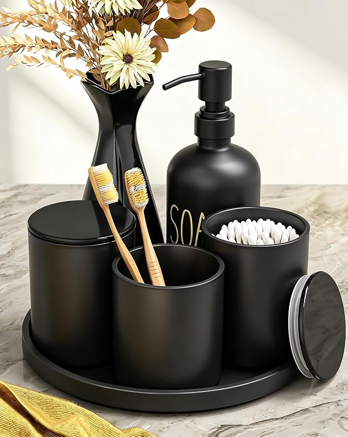 6Pcs Black Glass Bathroom Accessories Set with Tray, Bathroom Counter Set | Toothbrush Holder, Lotion Dispenser, Qtip Container, Vanity Tray, Tumbler- Elegant and Functional Décor Set