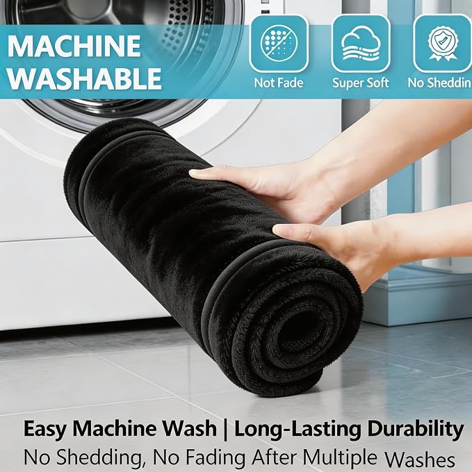 Bathroom Rugs Set 3 Piece Memory Foam, Bordered Toilet Rug, Non-Slip Black | Modern & Monochrome Decor — Black bath mats, absorbent and washable, with a U-shaped toilet mat.