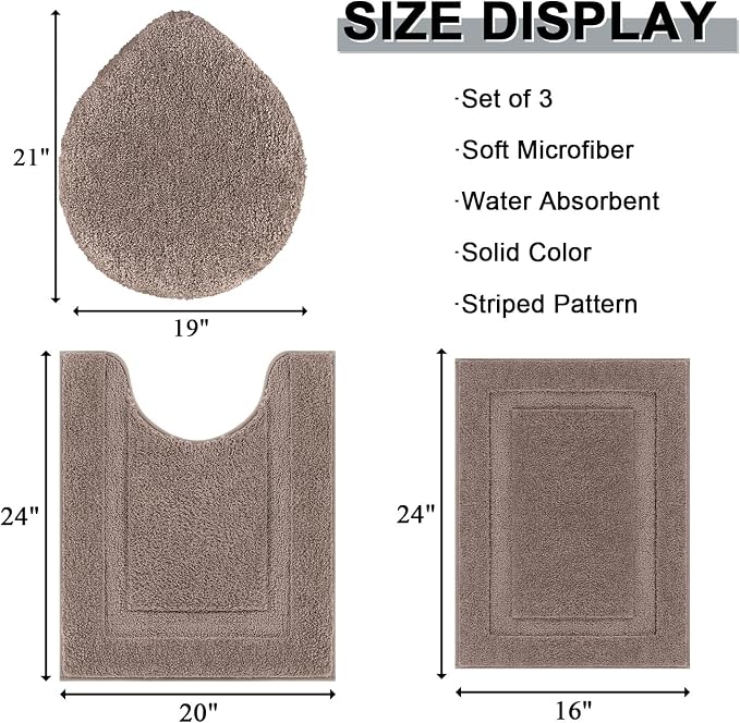 SHACOS Microfiber Bathroom Rugs Set of 3 with Toilet Lid Cover Non Slip | Washable Bath Mat Absorbent Bathroom Carpet 16"x24"+U Shape Toilet Rug 20"x24"+Toilet Lid Cover 19"x21", Coffee