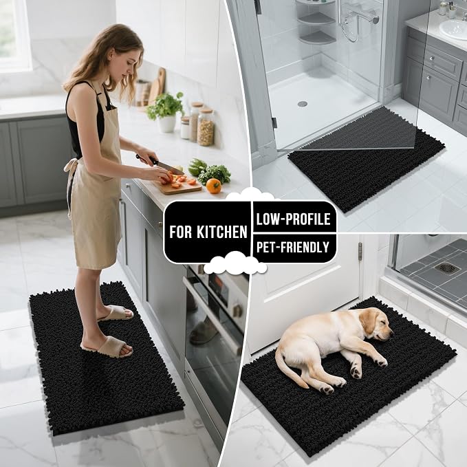 Yimobra Bathroom Rugs Sets 2 Piece - Quick Dry Extra Thick Luxury Chenille Bath Mat, Non Slip Super Absorbent for Tub Shower Sink, Machine Washable Shaggy Floor Mat, 32"x20"+24"x20" Inch, Black