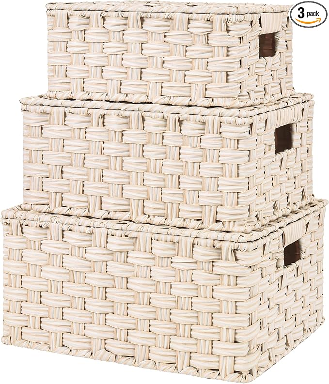 GRANNY SAYS Wicker Storage Baskets with Lids, Set of 3 Decorative Storage Boxes, Baskets for Organizing, Butter Milk, 3-Pack