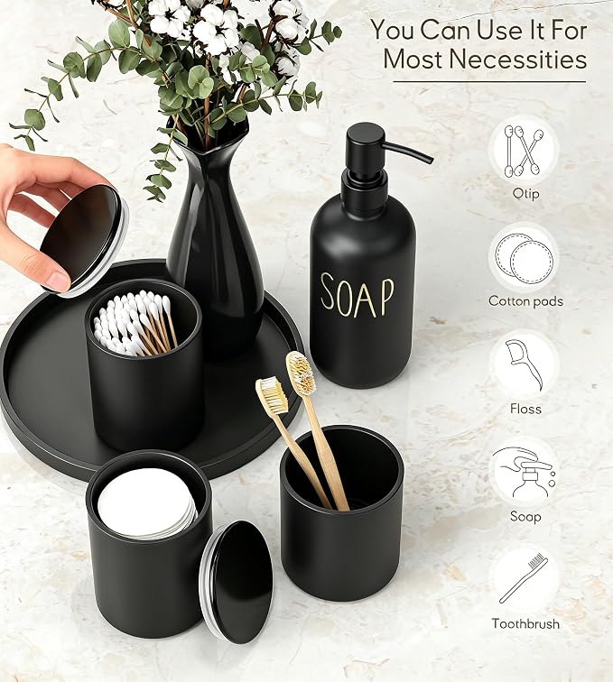 6Pcs Black Glass Bathroom Accessories Set with Tray, Bathroom Counter Set | Toothbrush Holder, Lotion Dispenser, Qtip Container, Vanity Tray, Tumbler- Elegant and Functional Décor Set