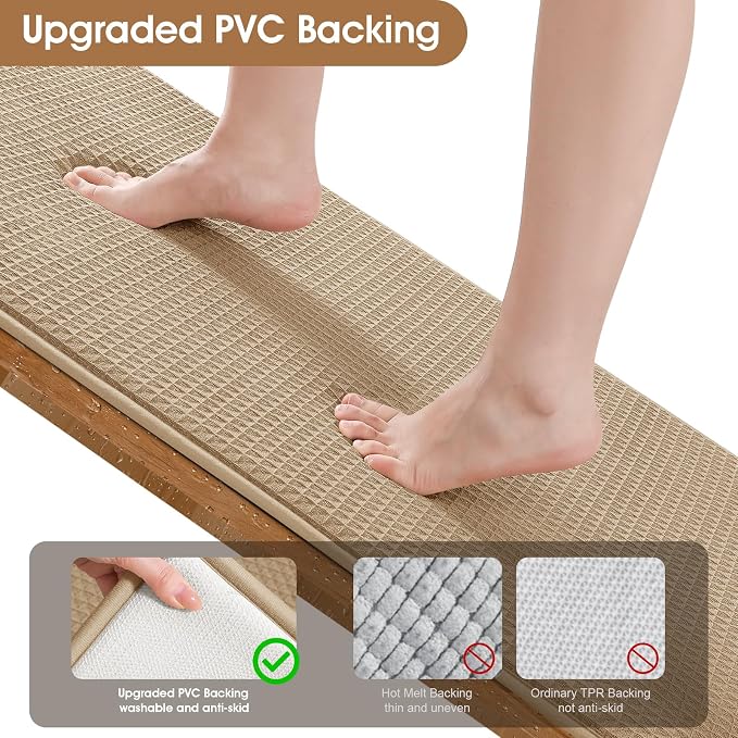 ACCUMTEK Memory Foam Bath Mat Set 3 Piece, Ultra Soft Absorbent Waffle Bathroom Rugs, Super Non-Slip PVC Backing Bath Rug Quick Dry, Machine Washable Rug for Tub, Shower, Home Decor Accessory, Beige