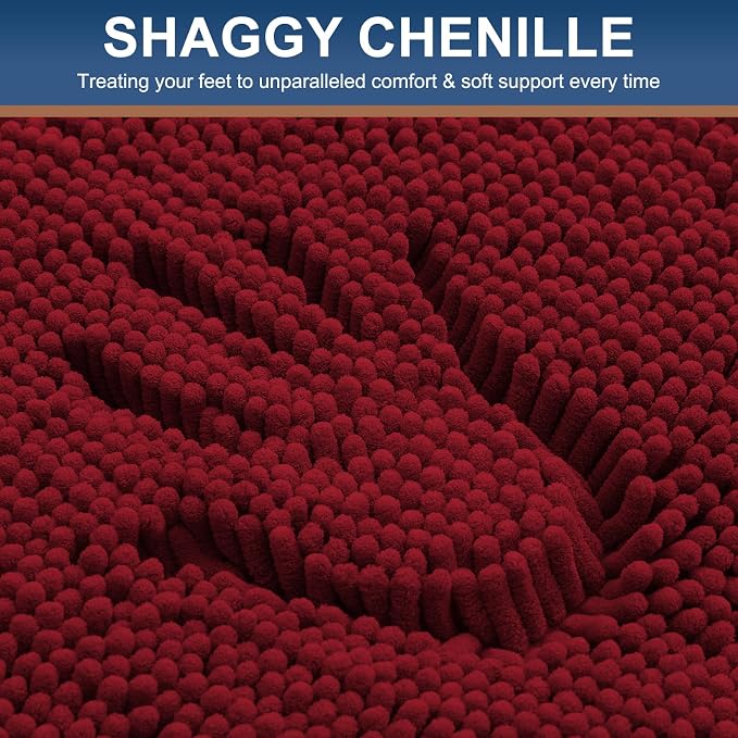 Smiry Chenille Bathroom Rugs Sets 2 Piece (24x16+ U Shape 24x20, Red) | Soft Absorbent Machine Washable Non Slip Shaggy Bath Rug Set for Tub, Shower, and Floor, Home Decor
