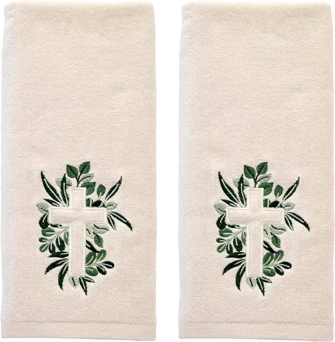 SKL Home Cross with Greenery Hand Towel Set-2pc, Embroidered, Natural | 100% Cotton. Soft, decorative velour. For use in the bathroom, kitchen, or any sink space & makes a great gift.