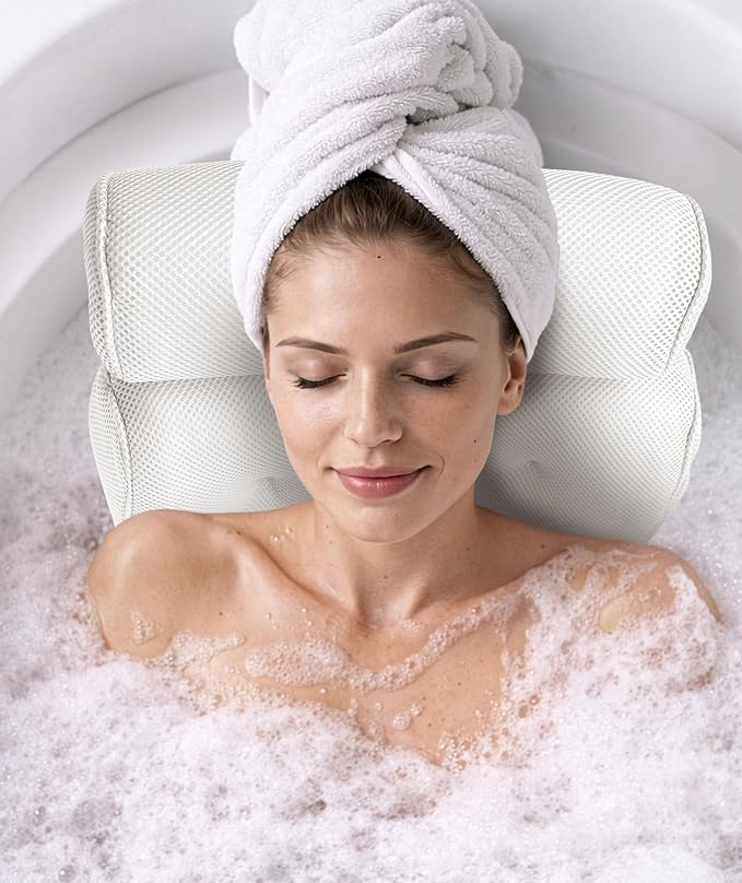 Everlasting Comfort Luxury Bath Pillow for Tub – Quick-Dry 4D Mesh – White | Head/Neck/Back Support, Non-Slip Suction Cups, Machine Washable, Drying Hook, Bath/Spa/Jacuzzi Essentials
