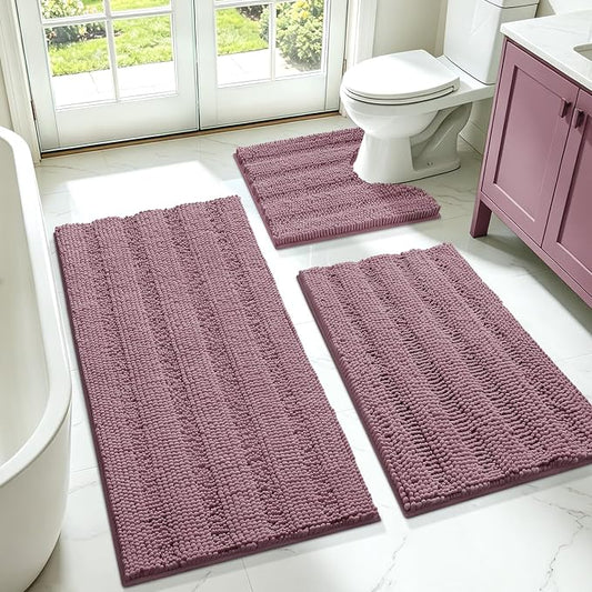 Striped Mauve Bathroom Rug Set 3 Pieces Ultra Soft, Non Slip Chenille Bath Carpet, Absorbent Plush Shaggy Bath Mats for Bathroom, Toilet, Bedroom, Kitchen