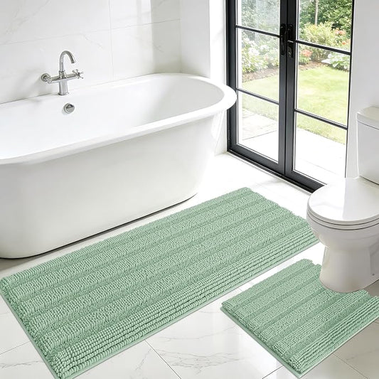 ACCUMTEK Christmas Striped Sage Green Toilet Bathroom Rug Mat Set 2 piece Rug Ultra Soft, Non Slip Chenille Bath Rugs, Absorbent Plush Shaggy Bath Mats for Bathroom, Bedroom, Kitchen, Shower, Tub