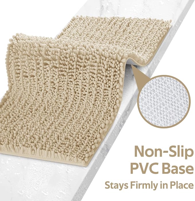 ACCUMTEK Upgrade Luxury 2 Piece Beige Toilet Bathroom Rug Mat 48"x20"+24"x17", Ultra Soft Thick Absorbent Bath Mats, Non Slip Chenille Toilet Mat for Bathroom, Bedroom, Kitchen, Shower, Tub