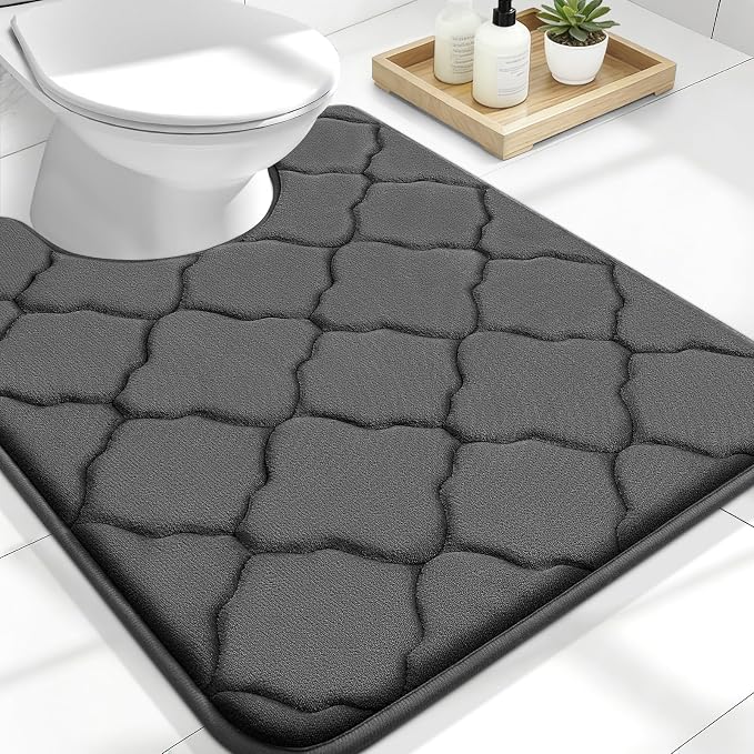 OLANLY Memory Foam Toilet Rugs U-Shaped 24x20, Ultra Soft and Absorbent Bathroom Rugs, Non-Slip, Comfortable, Machine Washable Contour Bath Mat for Toilet Base, Home Decor Accessories, Black | Thick Absorbent Carpet, Non-Slip Backing, Machine Washable,...