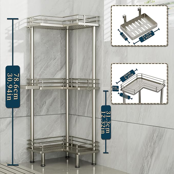 Consumest Corner Shower Caddy Standing - 3-Tier Stainless Steel Shower Organizer with Soap Holder and 4 Hooks, Large Capacity Corner Shelf Stand for Bathroom, Rest Room, Sand Nickel