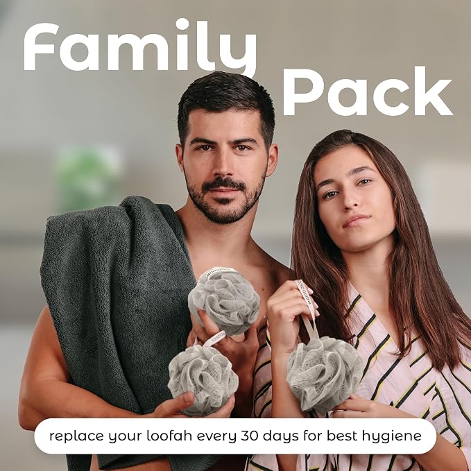 MainBasics Shower Loofah Sponge Pouf, Set of 3, Totally Taupe | Soft Mesh Body Scrubber and Bath Sponge for Gentle Exfoliation, Rich Lather, and Everyday Shower Use