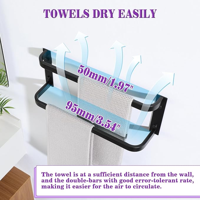 Alise Double Towel Bars 16 Inch, Towel Rack for Bathroom Stainless Steel Bathroom Towel Rack Wall Mounted Towel Holder, Matte Black