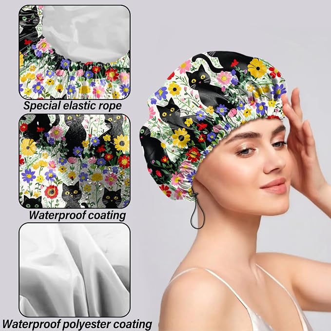 2 PCS Shower Cap Reusable Waterproof Double Layers Hair Caps Shower Bath Adjustable Elastic Hat for Women Girls Cute Aesthetic-Grass Black Cat