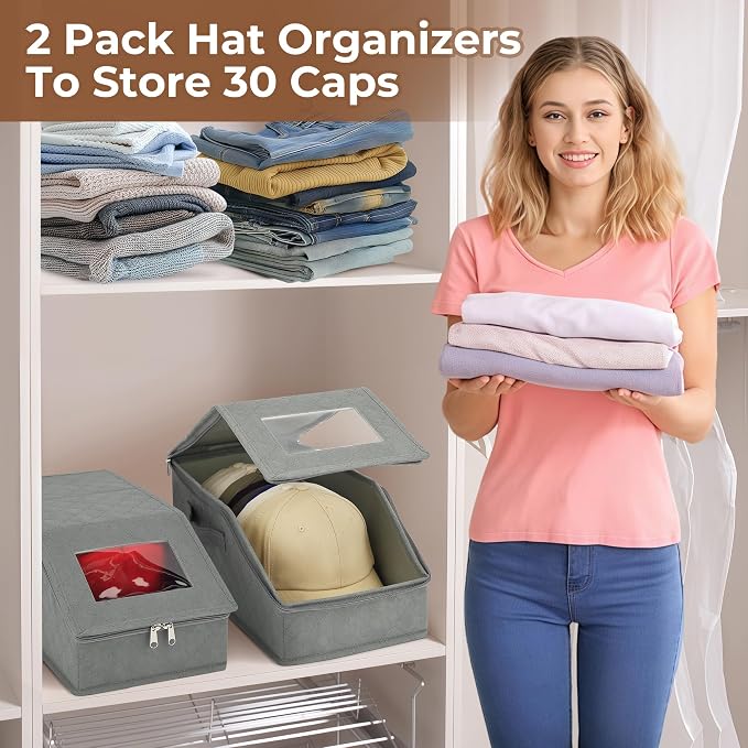 2 PCS Stackable Hat Storage for Baseball Caps, Large Hat Organizer with transparent window, Holds up to 30 Caps Hat Organizer (Gray)