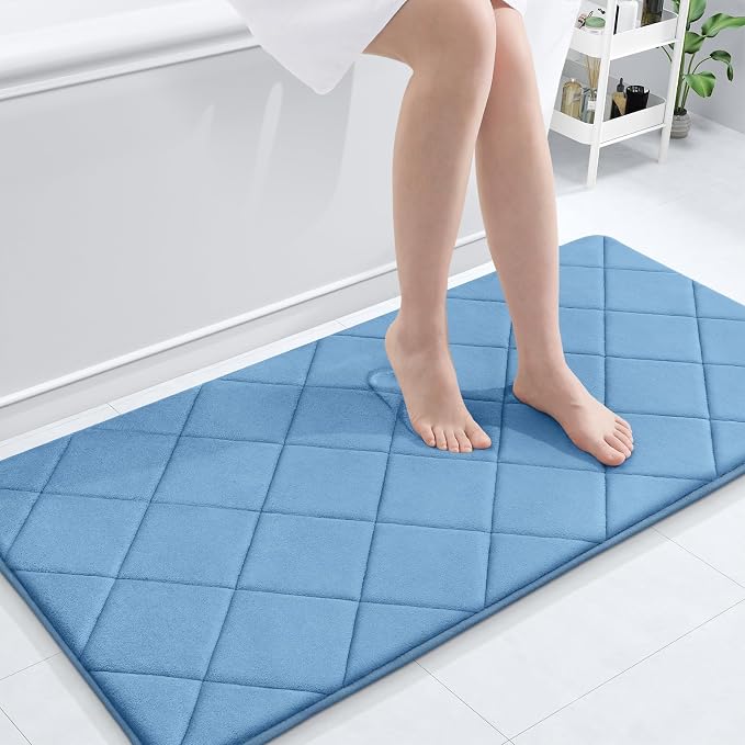 OLANLY Memory Foam Bath Mat 44x24, Ultra Soft and Absorbent Bathroom Rugs | Blue, Quick Dry, Machine Washable Shower Bath Rugs, Comfortable Bath Carpet for Bathroom Floor, Tub and Shower