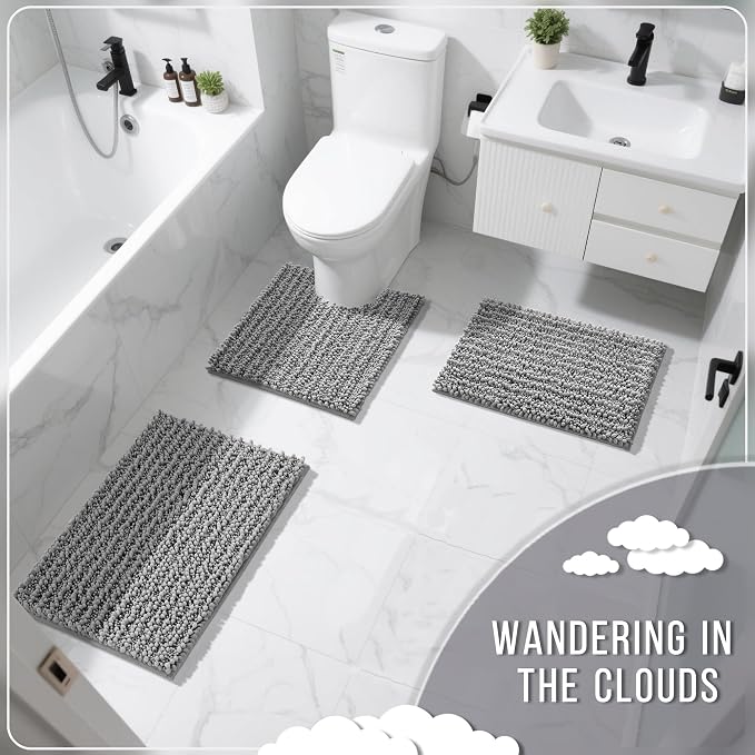 Yimobra Bathroom Rugs Sets 2 Piece - Quick Dry Extra Thick Luxury Chenille Bath Mat, Non Slip Super Absorbent for Tub Shower Sink, Machine Washable Shaggy Floor Mat, 32"x20"+24"x20" Inch, Grey
