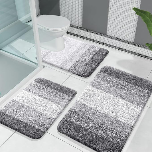 OLANLY Microfiber Bathroom Rugs Sets 3 Piece, 30"x20"+24"x16"+24"x20" | Grey, Soft Absorbent Bath Mats and U-Shaped Contour Toilet Rug, Machine Wash Dry, Plush Shaggy Bath Mat Set for Bathroom