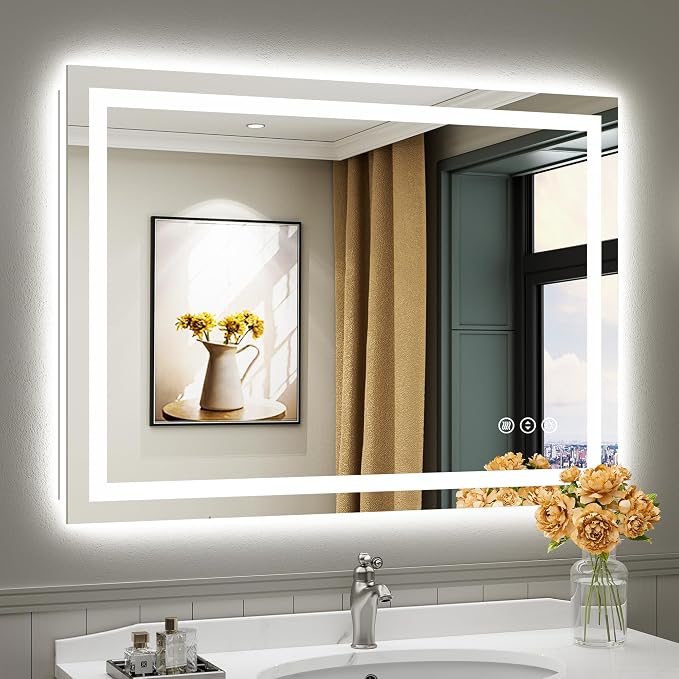 Briivue 44x32 Inch LED Bathroom Mirror with Lights, Backlit & Front Lit | Anti-fog, 3 Color Dimmable, Memory Function, HD Reflection Tempered Glass, ETL Listed, IP54 Waterproof