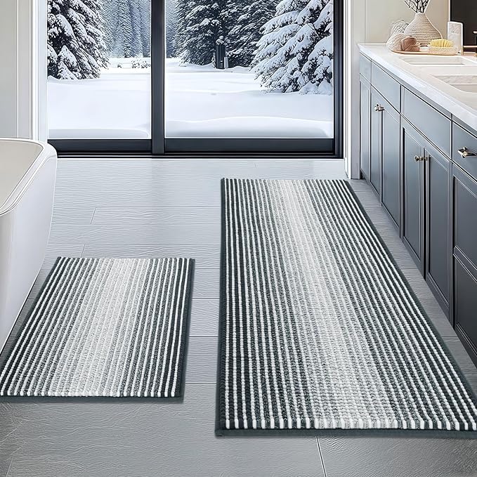 Bathroom Rugs Sets 2 Piece, Non Slip Striped Bath Mats, Blue Grey | 20"x47" Plus 16"x24", Soft Absorbent Chenille, Quick Dry Machine Washable, Shower Rug for Bathroom Floor, Tub, Bedroom Decor