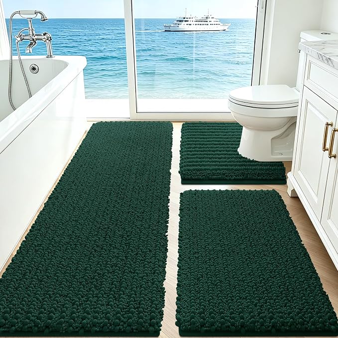ACCUMTEK Upgrade Extra Large Deep Green Bathroom Rug Set 3 Pieces Ultra Soft, Thick Absorbent Bath Mats, Non Slip Chenille Toilet Mat for Bathroom, Bedroom, Kitchen