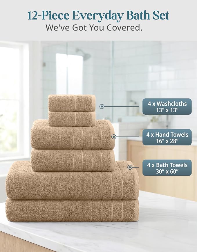 Casa Platino Bath Towel Set Quick Dry 100% Cotton 12 Piece Soft - Beige | Cotton Towels - Classic Terry Weave, Densely Woven, Coordinated Colors, Dobby Border Accent, OEKO-TEX Certified