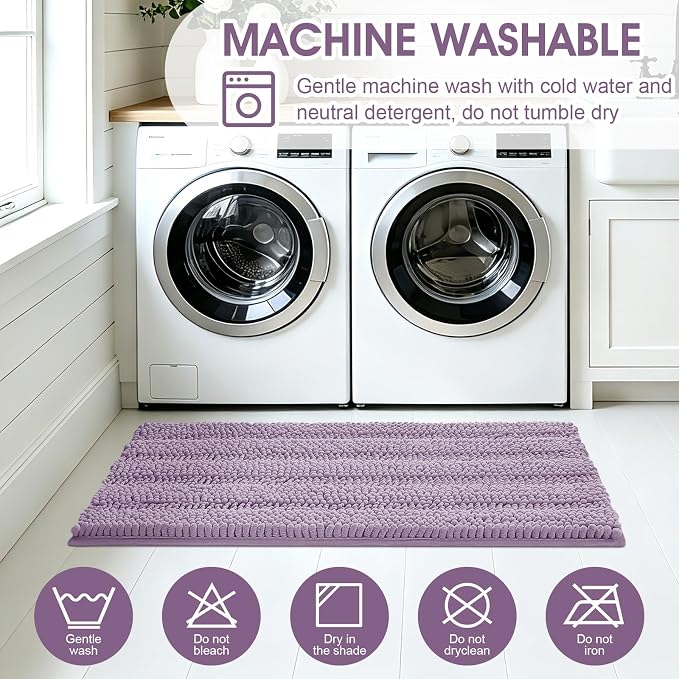 ACCUMTEK Striped Lavender Bathroom Rug Mat Set 2 piece 24"x17"+48"x20" Ultra Soft, Non Slip Chenille Bath Rugs, Absorbent Plush Shaggy Bath Mats for Bathroom, Bedroom, Kitchen, Shower, Tub