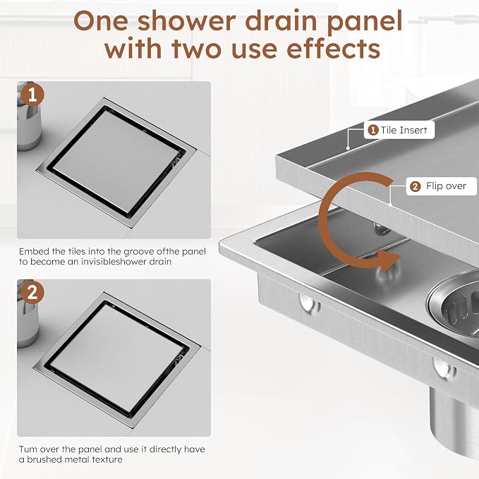 4 Inch Brushed Nickel Square Shower Drain Kit with Flange,Modern Floor Drain with 2-in-1 Cover Tiled Insert Grate,Stainless Steel SUS 304