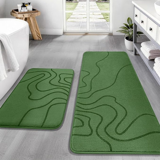 Memory Foam Bathroom Rugs Sets 2 Piece, 17"x24"+20"x46", Olive Green | Ultra Soft, Extra Thick Bath Mat, Absorbent, Non-Slip, Machine Washable, For Tub, Shower & Home Decor Accessories