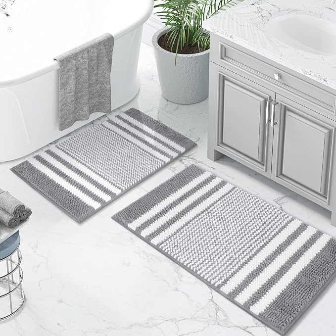 BSICPRO Bathroom Rugs Sets 2 Piece, Non Slip Striped Bath Mats, Light Grey | 20"x32" Plus 16"x24"，Soft Absorbent Chenille, Quick Dry Machine Washable, Shower Rug for Bathroom Floor, Tub, Bedroom Decor