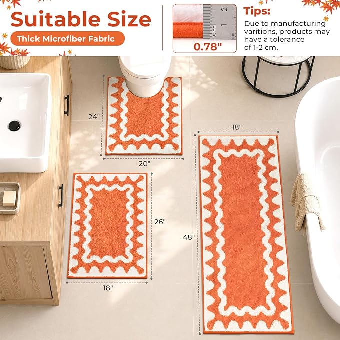 Findosom Fall Bathroom Rugs Sets 3 Piece, Absorbent Non-Slip Bath Rug Set | Washable Soft Microfiber Shaggy Scalloped Fall Bath Mat Set with Bathroom Runner Rug, U-Shaped Toilet Rugs, Shower Rug,Orange