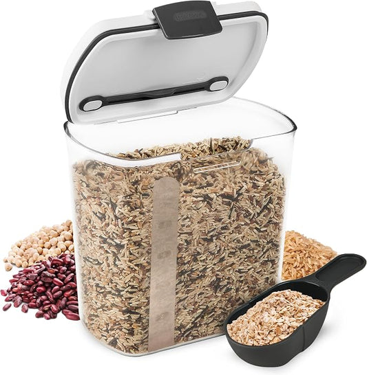 ProKeeper 2.5-Quart Grain Storage Container with Hinged Lid, Clear – BPA-Free, Airtight Seal, 5.5 x 7.65 x 7.25" | Includes Scoop, Hinged Lid, and Measurement Markings, Ideal for Rice, Beans, Grains, and Oats, BPA-Free and Dishwasher Safe