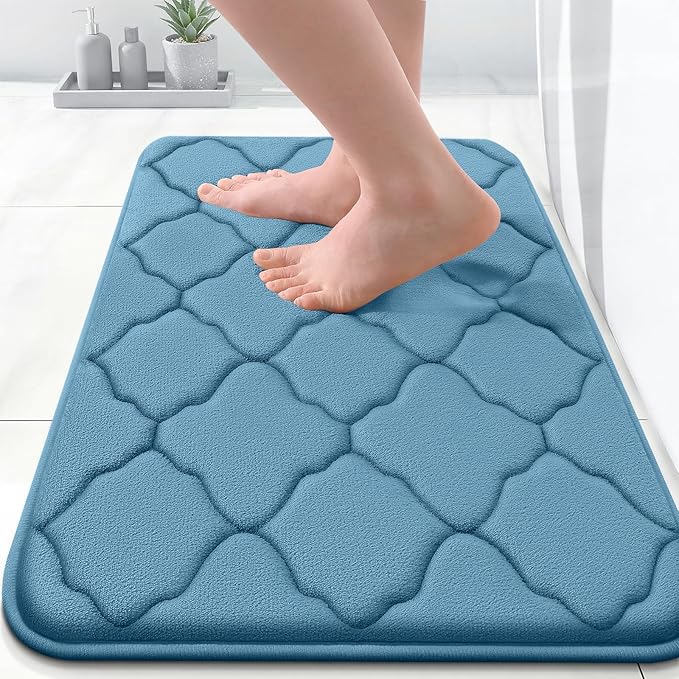 OLANLY Memory Foam Bath Mat Rug 24x16, Ultra Soft and Absorbent Bathroom Rugs, Non-Slip, Comfortable, Machine Washable Bath Carpet for Bathroom Floor, Tub, Shower and Home Decor Accessories, Blue | Thick Absorbent Carpet, Non-Slip Backing, Machine Wash...