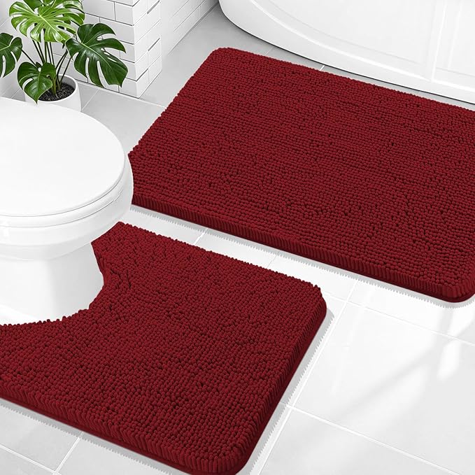 OLANLY Chenille Bathroom Rugs Mats Sets 2 Piece, 30"x20"+24"x20", Red | Soft Absorbent Bath Mat and U-Shaped Contour Toilet Rug Set, Quick Dry, Machine Washable Bath Carpet, Home Decor Accessories