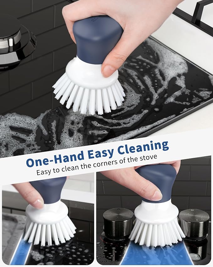 ROSEOK Dish Scrub Brush, Palm Brush, Kitchen Brush, Nylon Bristles | Self-Standing Dish Scrubber with Ergonomic Grip for Cleaning Dishes, Non-Stick Pans and Sinks, Navy Blue, 2 Pack