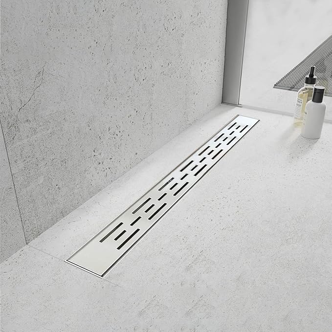 Linear Shower Drain, Shower Drain 24 inch with Bar Pattern Grate, Durable AISI 304 Stainless Steel Shower Drain, Linear Drain with Hair Strainer and Leveling Feet