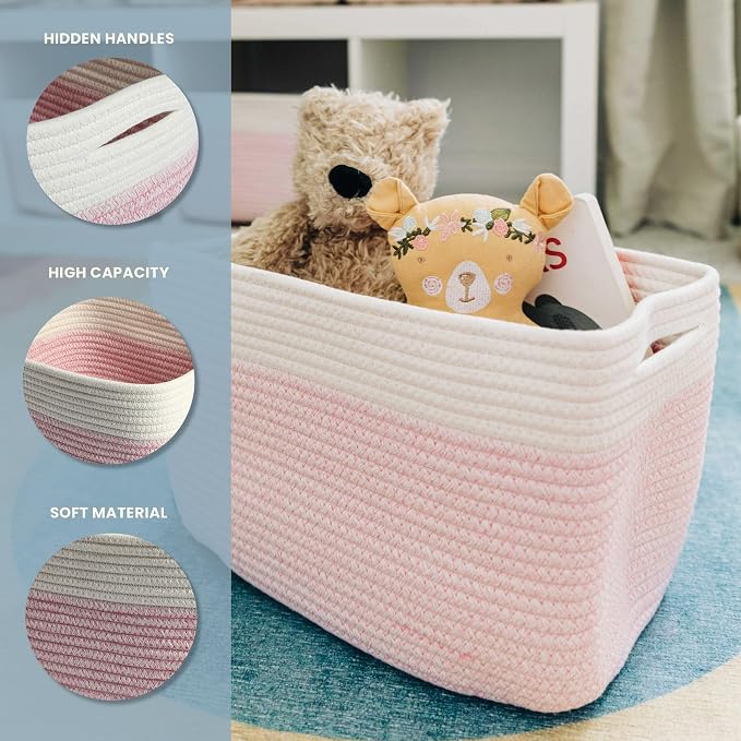 OrganiHaus Pink Cotton Rope Baskets for Shelves, Set of 3 - 15"×10"×9½" - Colorful Storage Baskets for Kids - Nursery, Playroom, Classroom - Toy Storage, Books, Towels