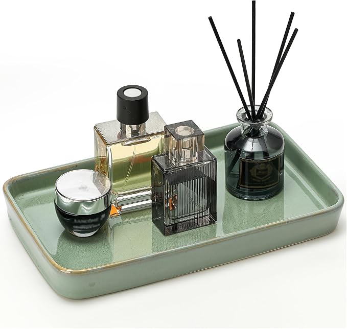 10"×6"×1" Bathroom Vanity Tray for Countertop- Ceramic Decorative Organizer Tray for Dresser Tops, Toilet, Perfume, Sponge Holder Soap Dish Dispenser for Kitchen Counter- Kiln-Transformed Green