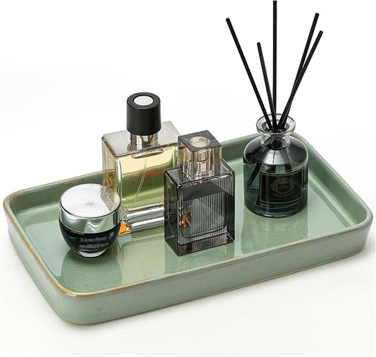 10"×6"×1" Bathroom Vanity Tray for Countertop- Ceramic Decorative Organizer Tray for Dresser Tops, Toilet, Perfume, Sponge Holder Soap Dish Dispenser for Kitchen Counter- Kiln-Transformed Green
