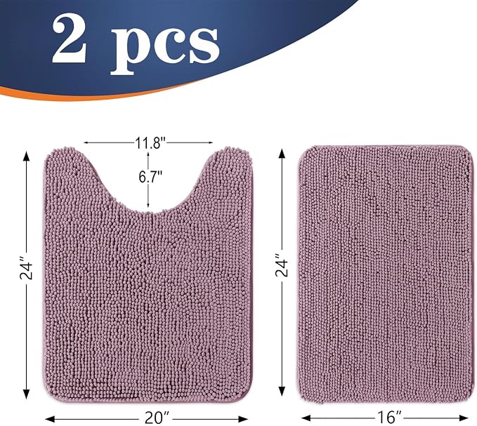 OLANLY Chenille Bathroom Rugs Mats Sets 2 Piece, 24"x16"+24"x20", Deep Plum | Soft Absorbent Bath Mat and U-Shaped Contour Toilet Rug Set, Quick Dry, Machine Washable Bath Carpet, Home Decor Accessories