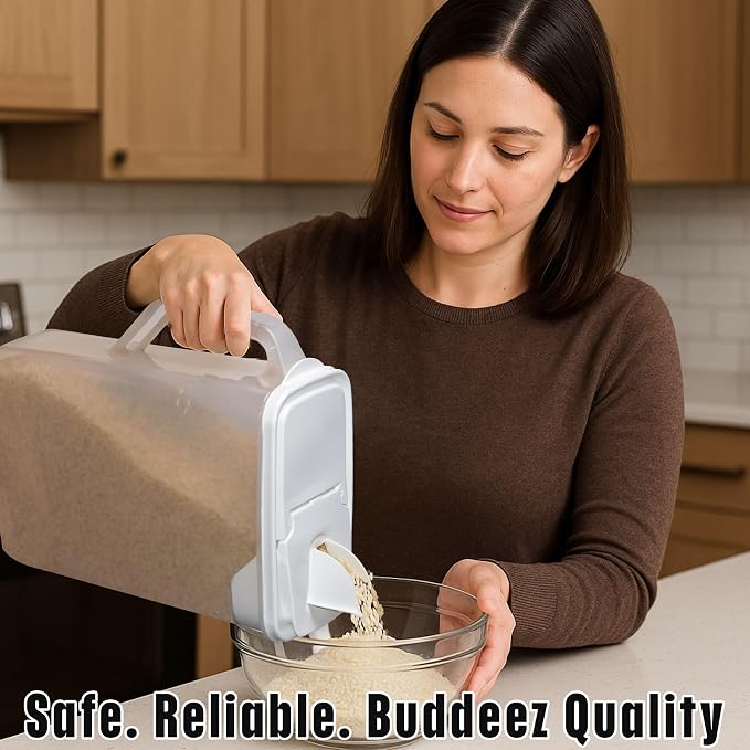 Buddeez Bulk Food Storage Container 8 Quart All Purpose Clear (White Lid) | Clear container for easy visibility, Easy-grip handle, Easy-pour spout, For flour, sugar, cereal, rice and dry goods