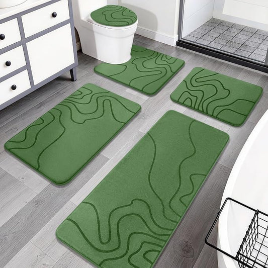 Memory Foam Bathroom Rugs Sets 5 Piece, Ultra Soft Bath Mat, Olive Green | Ultra Soft, Extra Thick Bath Mat, Absorbent, Non-Slip, Machine Washable, For Tub, Shower & Home Decor Accessories