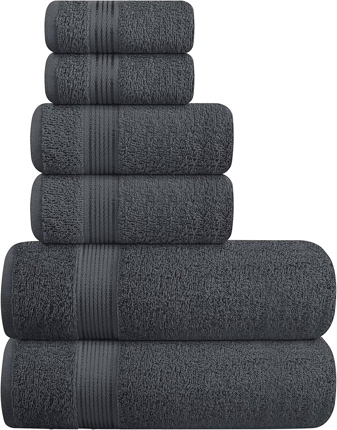 Ultra Soft 6 Pack Cotton Towel Set, Contains 2 Bath Towels 28x55 inch, 2 Hand Towels 16x24 inch & 2 Wash Coths 12x12 inch, Ideal Everyday use, Compact & Lightweight - Charcoal Grey
