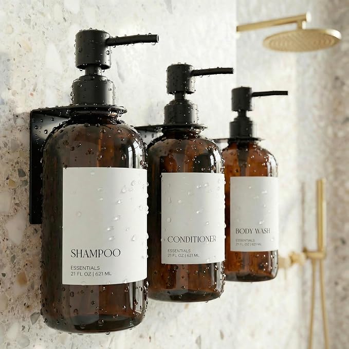 Stylish Shampoo & Conditioner Dispenser Set of 3 - Wall Mount, Drill Free | Modern 21oz Shower Soap Bottles with Labels - Easy Refill Body Wash Dispensers for an Instant Bathroom Decor Upgrade